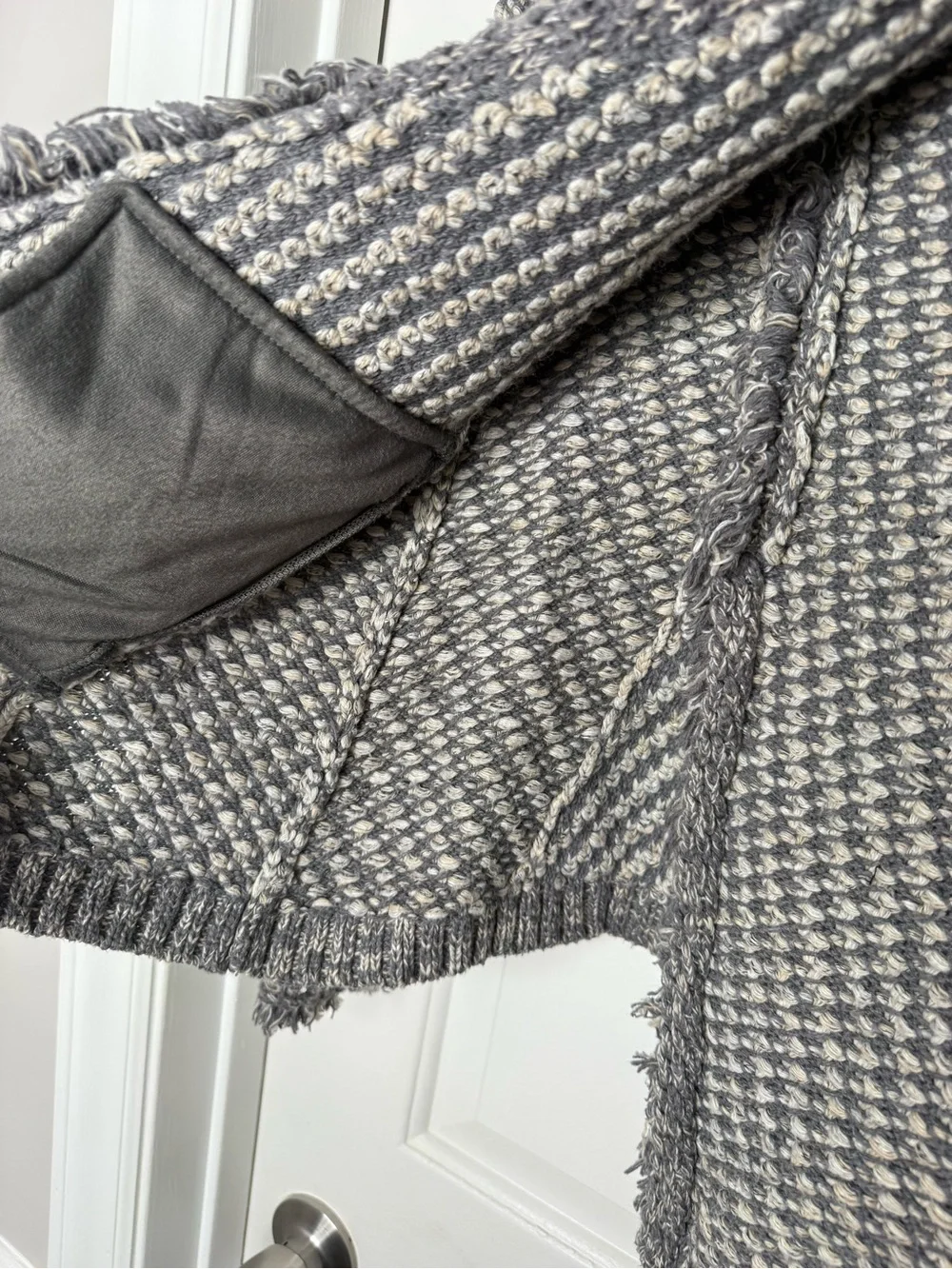 Angel Of The North Gray and Cream Fringe Knit Cardigan